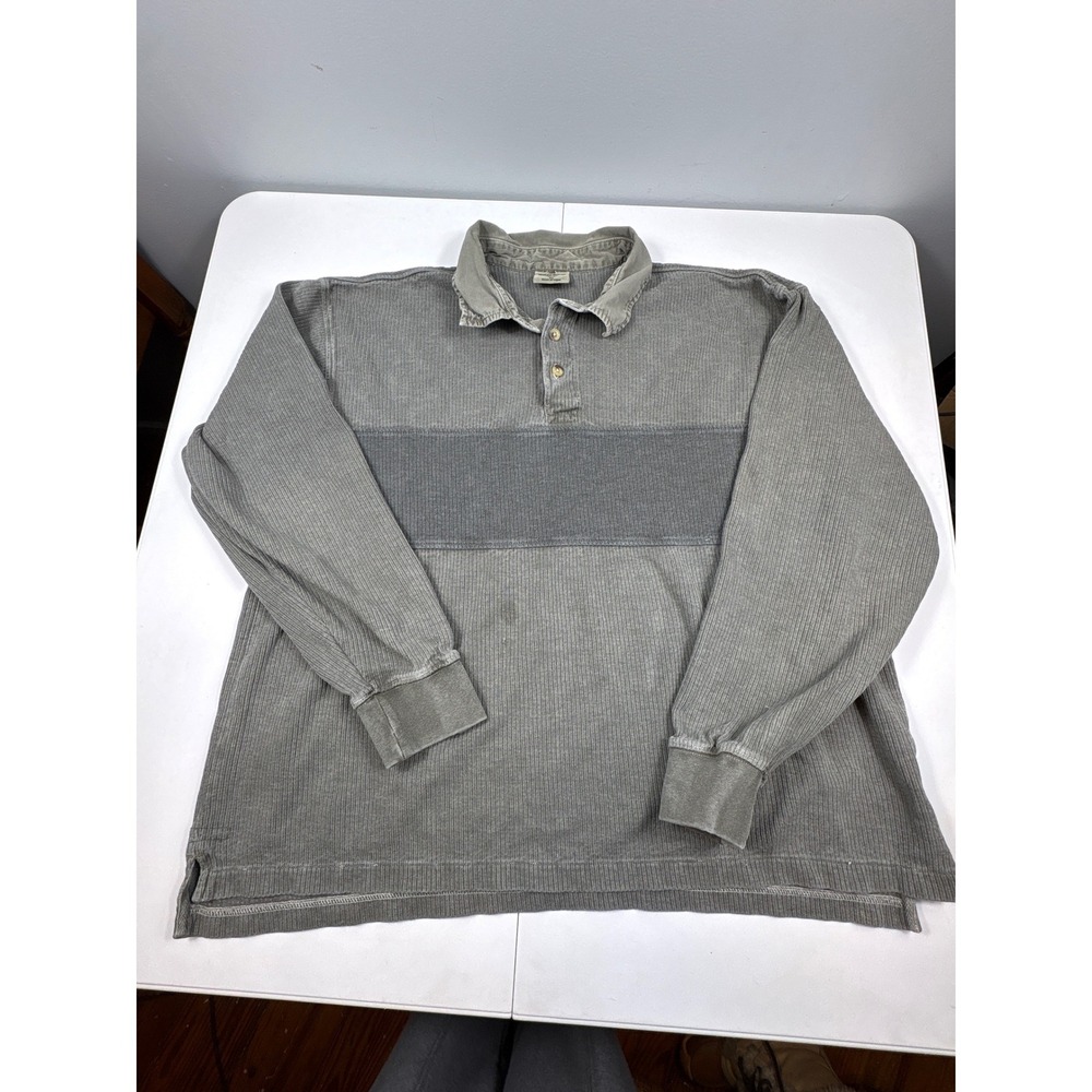 Woolrich Men's XL Ribbed‎ Long Sleeve Polo Shirt Grey Stripe Heavy Cotton